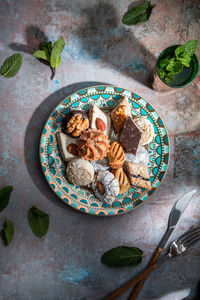 Directly above shot of meal served on table