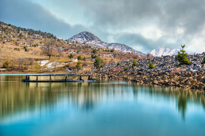 Scenic view of lake and mountains against sky