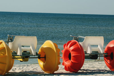 Boats in sea against clear sky