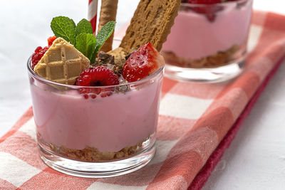 Close-up of dessert in glass on table