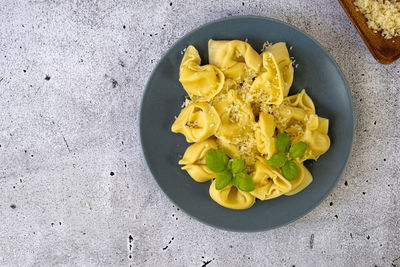 Italian ravioli in bowls with basil.