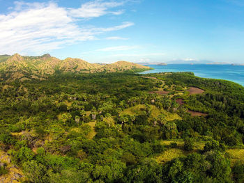 Scenic view of landscape and sea against sky