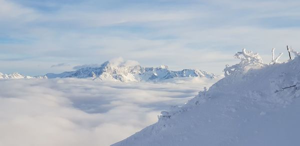 Scenic view of snowcapped mountains against sky