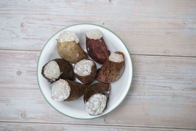 High angle view of food in plate on table