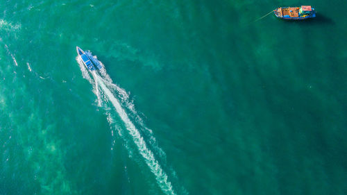 High angle view of boats on sea