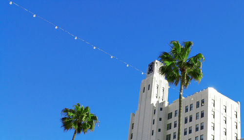 Low angle view of coconut palm trees against blue sky