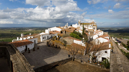 High angle view of town in village