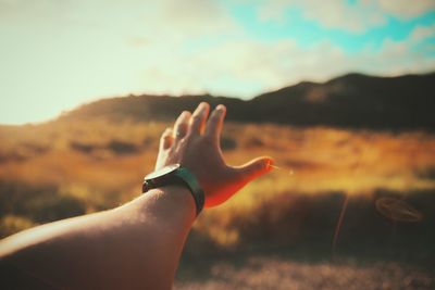 Close-up of hand against sky during sunset