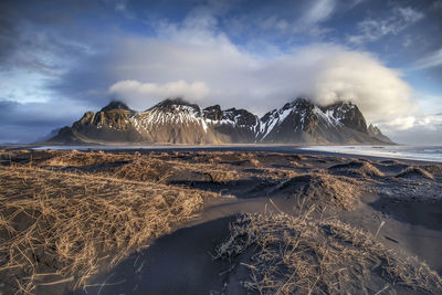 Scenic view of snowcapped mountains against sky