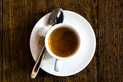 Directly above shot of coffee cup on wooden table