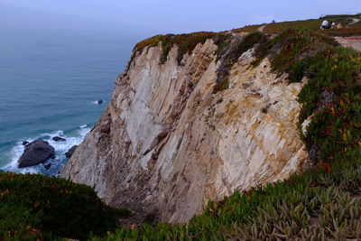 Rock formations by sea against sky