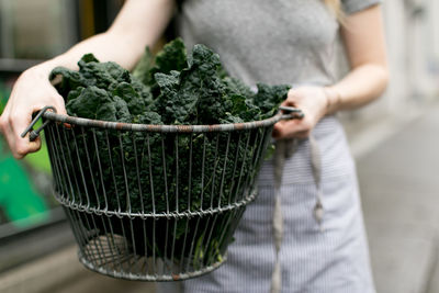 Midsection of woman holding vegetable in basket