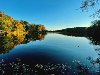 Scenic view of lake against clear blue sky