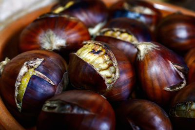 Roasted chestnuts in the plate ready to eat. closeup