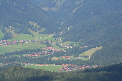 Aerial view of town on mountain valley