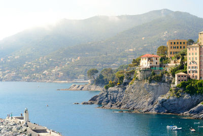 Landscape of the little city and seafront of camogli in the mediterranean coast of liguria in italy