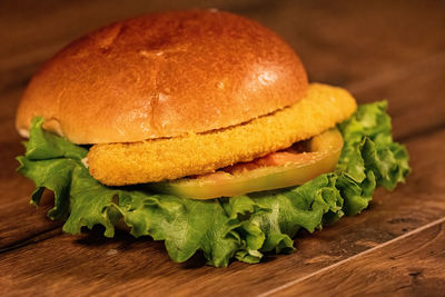 Close-up of burger on table