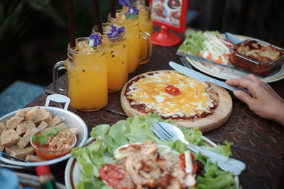 High angle view of breakfast served on table