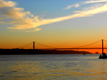 Suspension bridge over sea during sunset