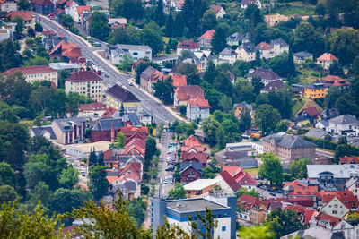 High angle view of buildings in town