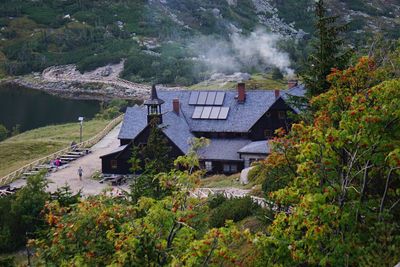 High angle view of houses and trees