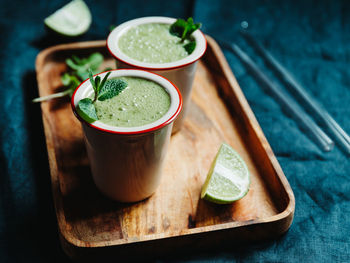 High angle view of drink on table