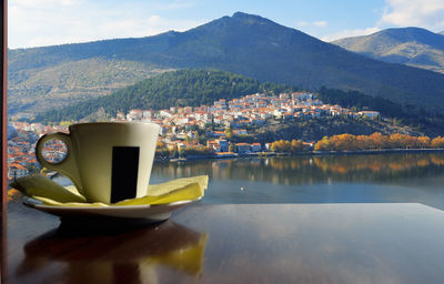 Reflection of mountain on table in lake