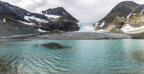 Scenic view of rocky mountains at jostedal glacier