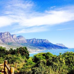 Scenic view of mountains against blue sky