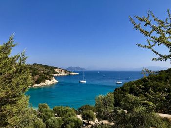 Scenic view of bay against clear sky