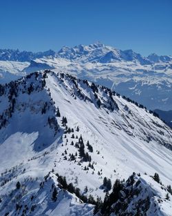 Scenic view of snow covered mountains against sky