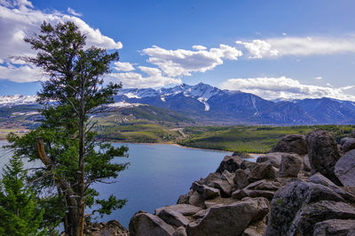 Scenic view of lake and mountains against sky