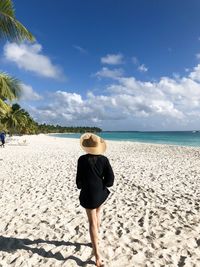 Rear view of man on beach against sky