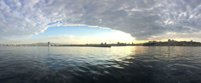 Panoramic view of sea against sky during sunset