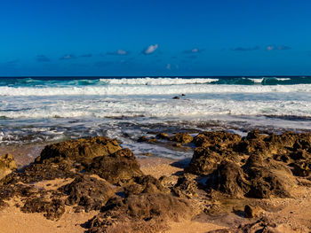 Scenic view of beach against blue sky