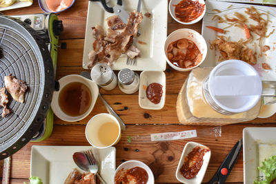 High angle view of breakfast on table