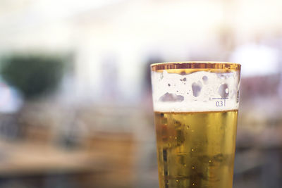 Close-up of beer glass on table