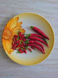 High angle view of red chili peppers in plate on table