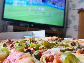 Close-up of pizza on table