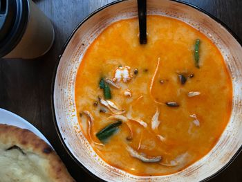 High angle view of soup in bowl on table