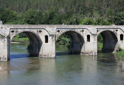 Arch bridge over river against trees