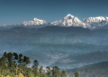 Scenic view of snowcapped mountains against clear sky