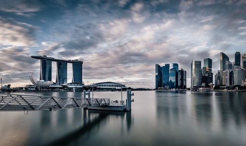 City at waterfront against cloudy sky