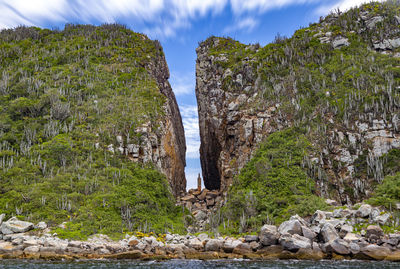 Panoramic shot of rocks by trees against sky