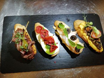 High angle view of various food on table