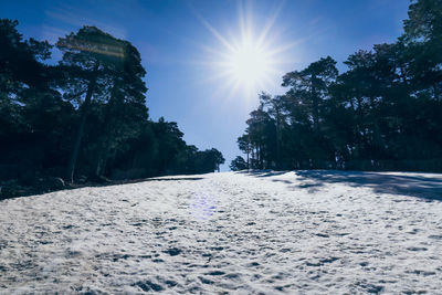 Snow covered landscape against sky