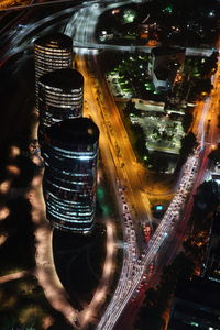 High angle view of illuminated lights at night