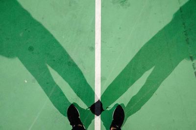 Low section of person standing on green leaf