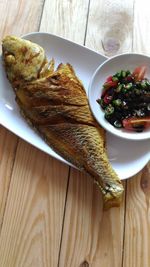 High angle view of meal served on table