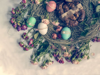 High angle view of easter food and decoration table